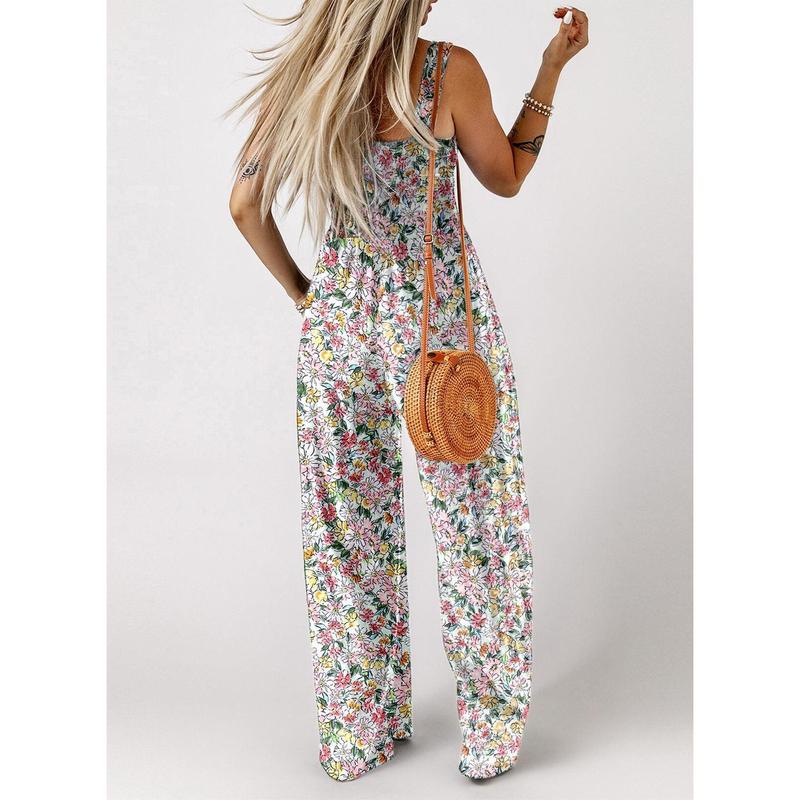 Dokotoo Women's Casual Loose Overalls Jumpsuits One Piece Sleeveless Printed Wide Leg Long Pant Rompers With Pockets